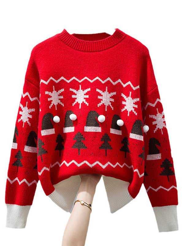 聖誕可愛慵懶風寬鬆休閒圓領套頭紅色毛衣
