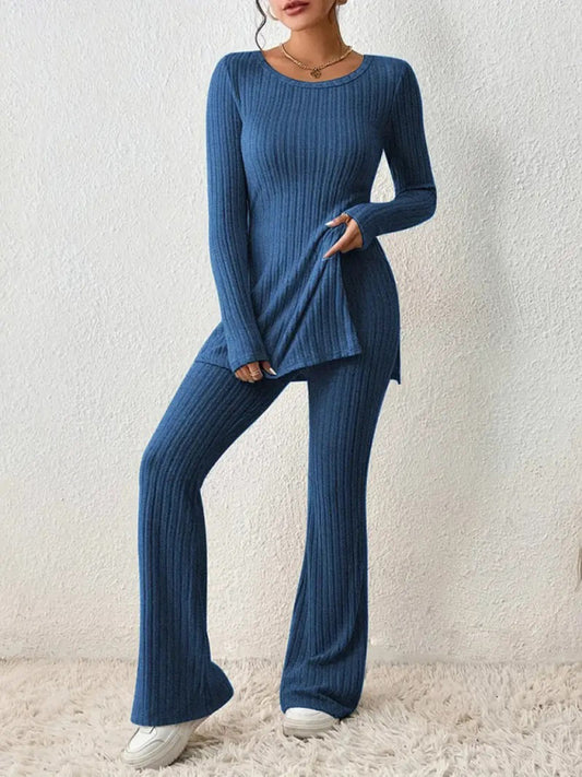 Women's casual slim side slit knitted two-piece set