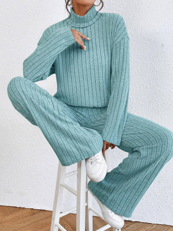 Casual high collar knitted long sleeve women's knitted two-piece set