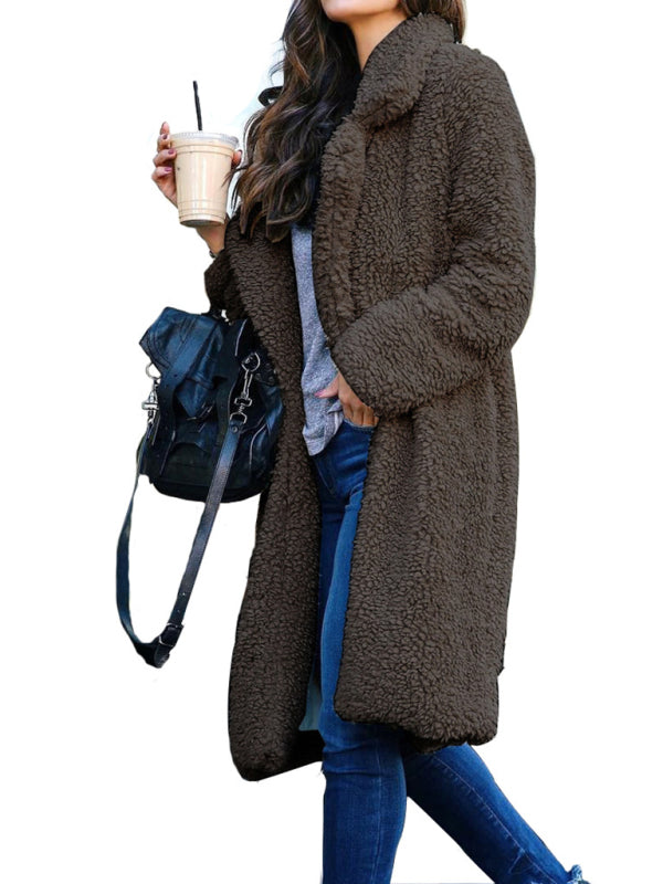 Women's loose long sleeve lapel plush coat