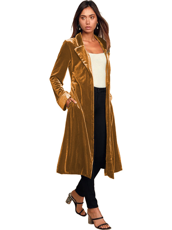 Women's gold velvet casual long lapel blazer coat