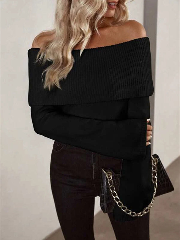 One-line collar slim knitted long-sleeved sweater