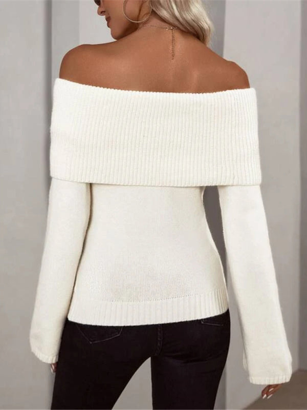 One-line collar slim knitted long-sleeved sweater