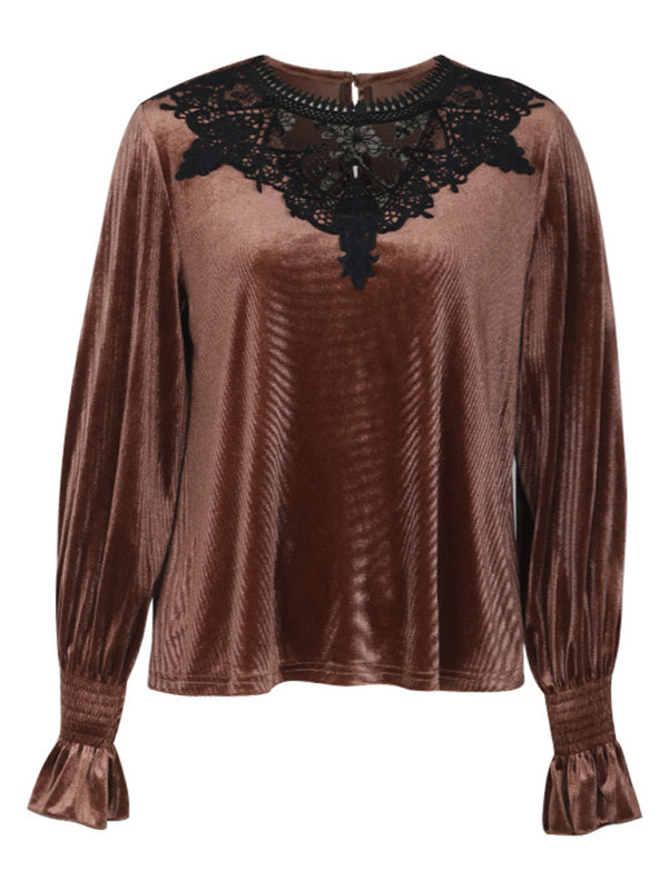 Women's lace stitching long-sleeved top