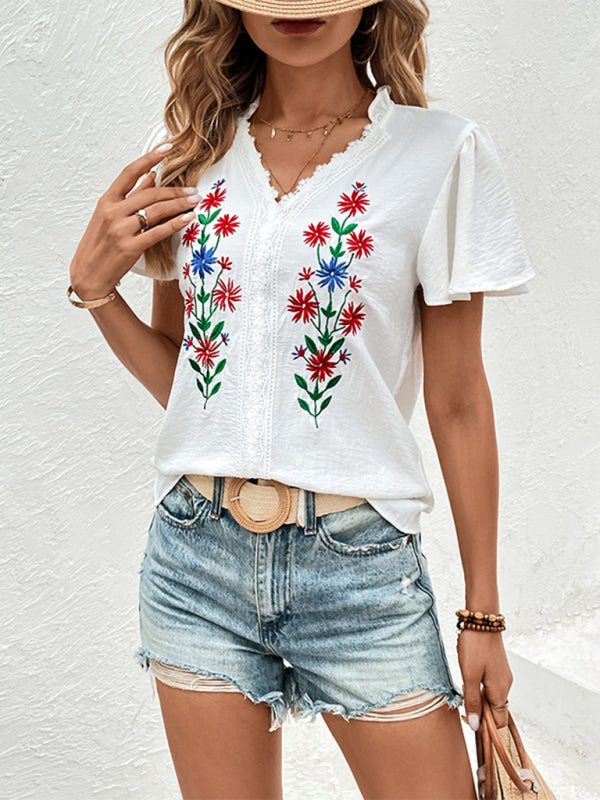 Short sleeve flower embroidered shirt