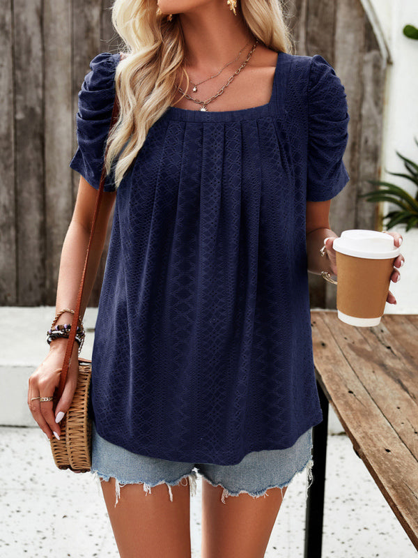 Casual solid color square neck puff sleeve shirt top