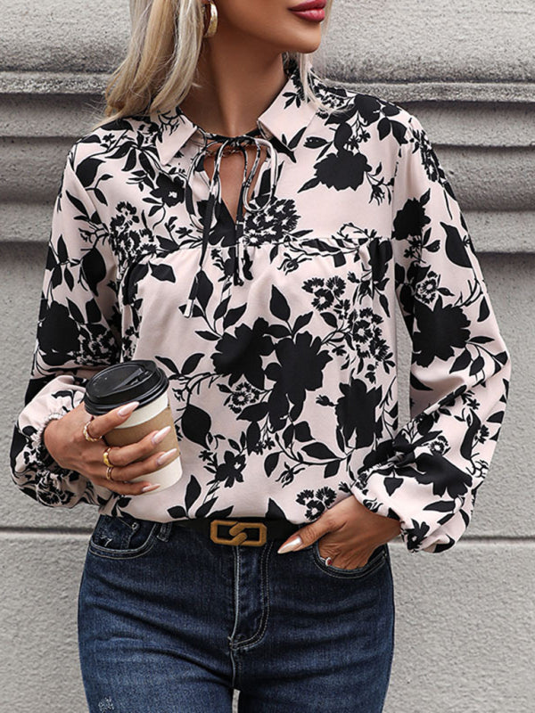 Women's V-neck lace-up flower printed shirt