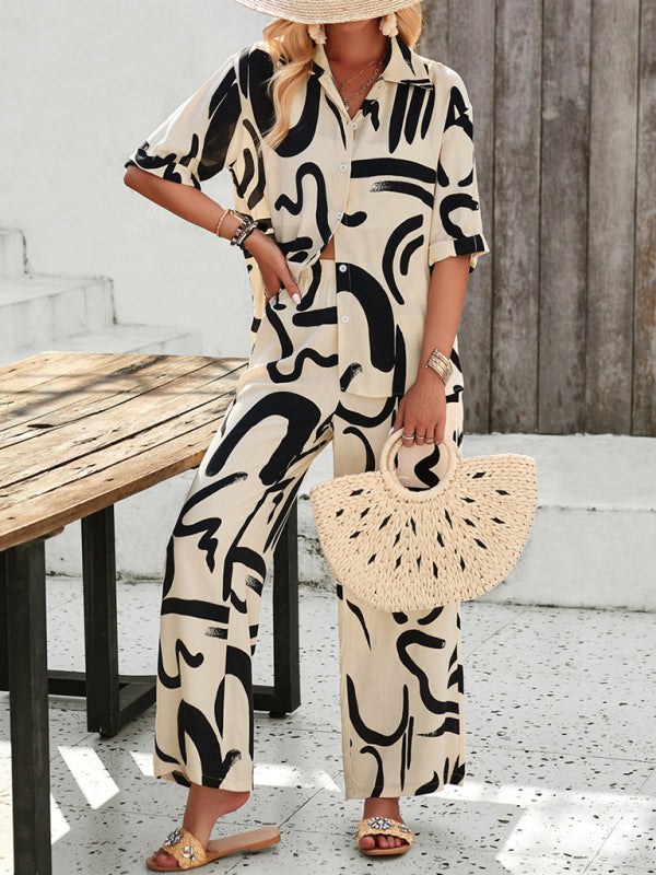 Women's casual printed lapel short-sleeved shirt and trousers vacation set