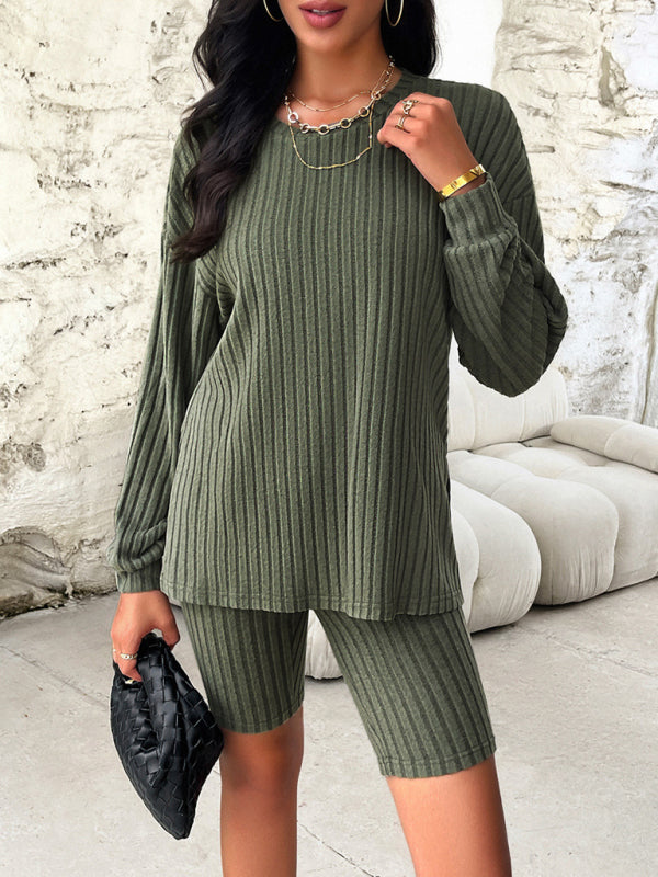 Women's casual long-sleeved top and three-quarter pants set