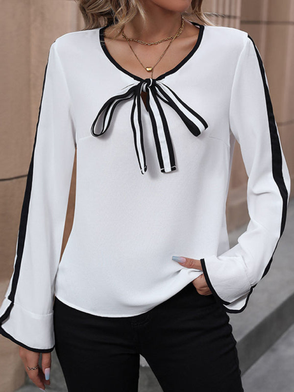 Lace-up bow long-sleeved contrast shirt