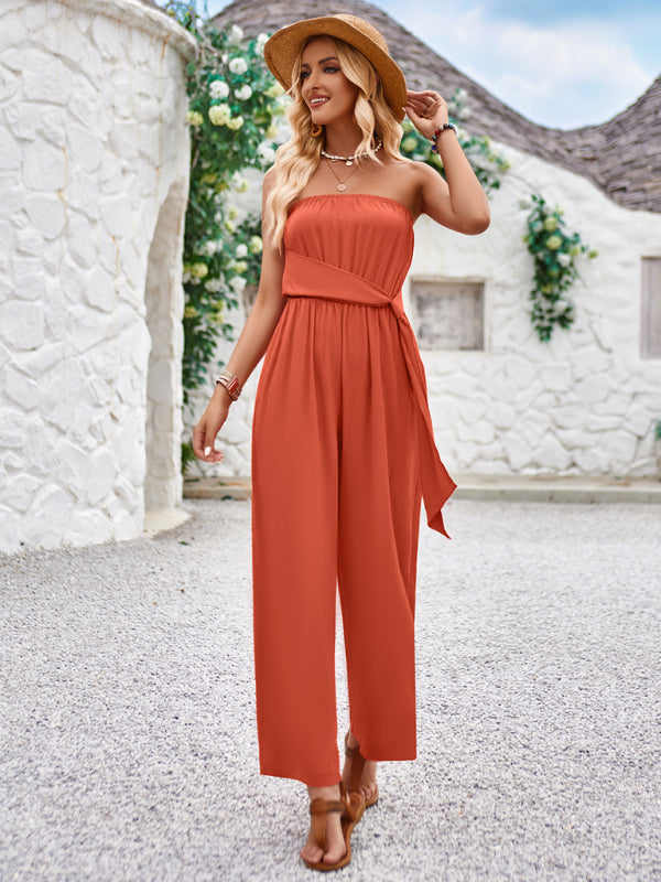 Solid color tube top and waist slim fit jumpsuit