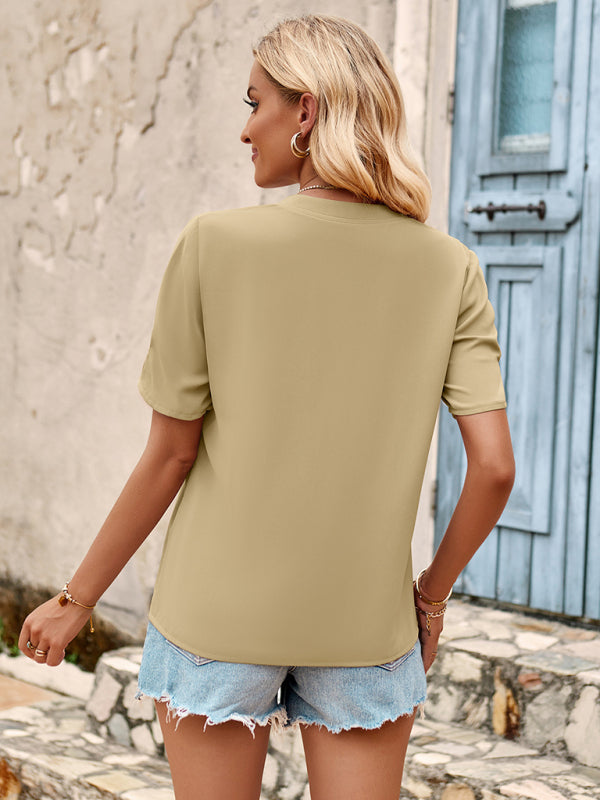 V-neck solid color fresh loose short-sleeved top