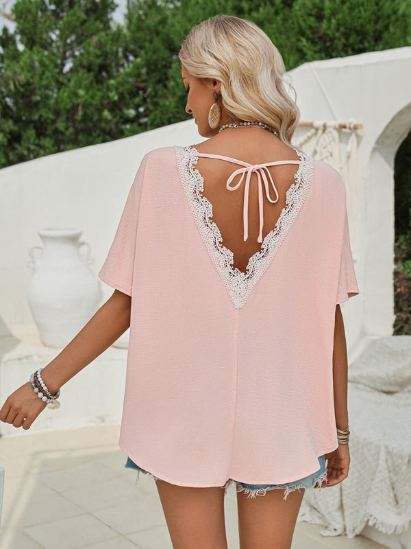 Loose round neck solid color lace back short sleeve top for women