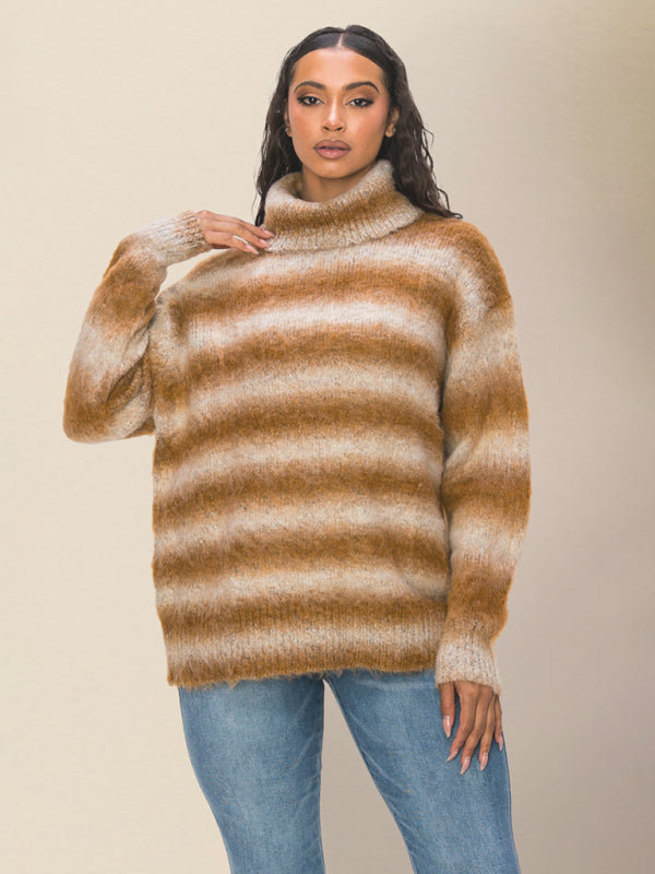 महिलाओं का कैज़ुअल स्ट्राइप्ड लैपल ड्रॉप शोल्डर लूज़ स्वेटर