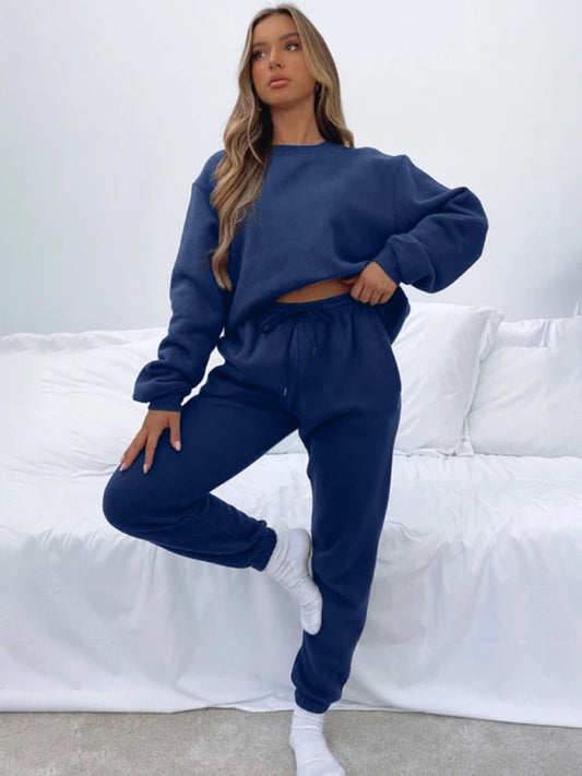 Women's Solid Color Round Casual Collar Pullover Long Sleeve Trousers Sweater Set