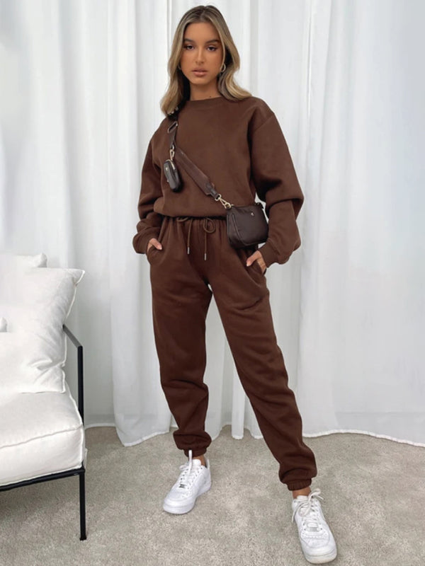 Women's Solid Color Round Casual Collar Pullover Long Sleeve Trousers Sweater Set