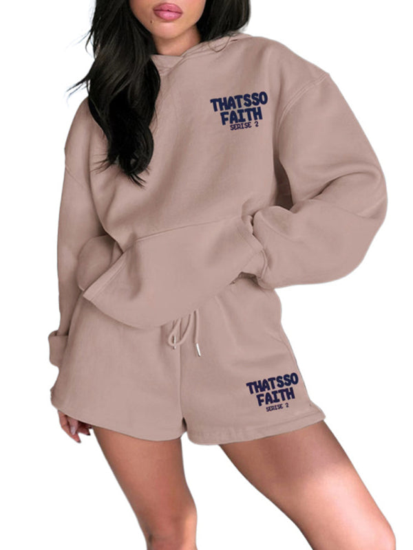 Women's loose solid color letter print sweatshirt shorts set
