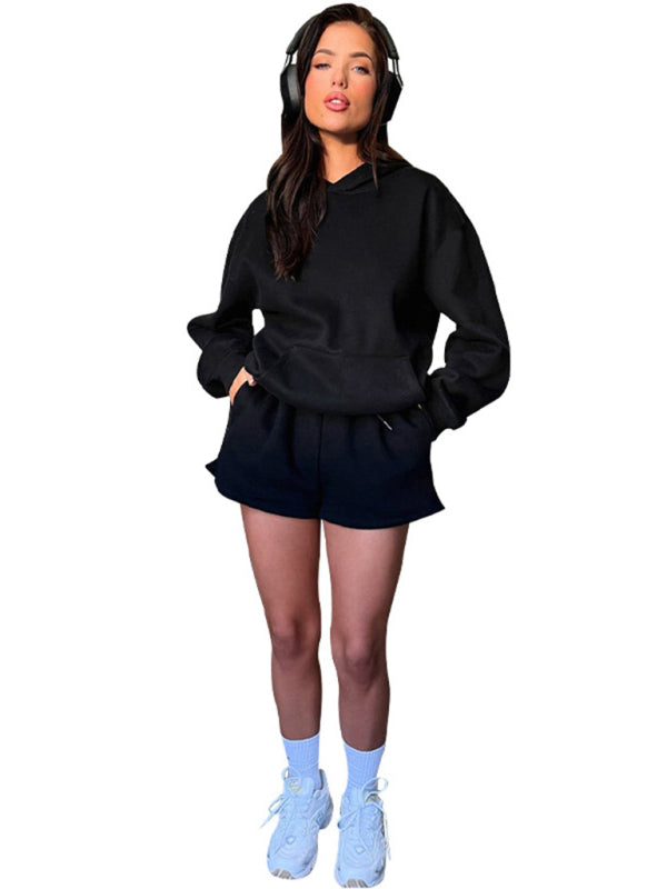Women's loose solid color sweatshirt shorts set