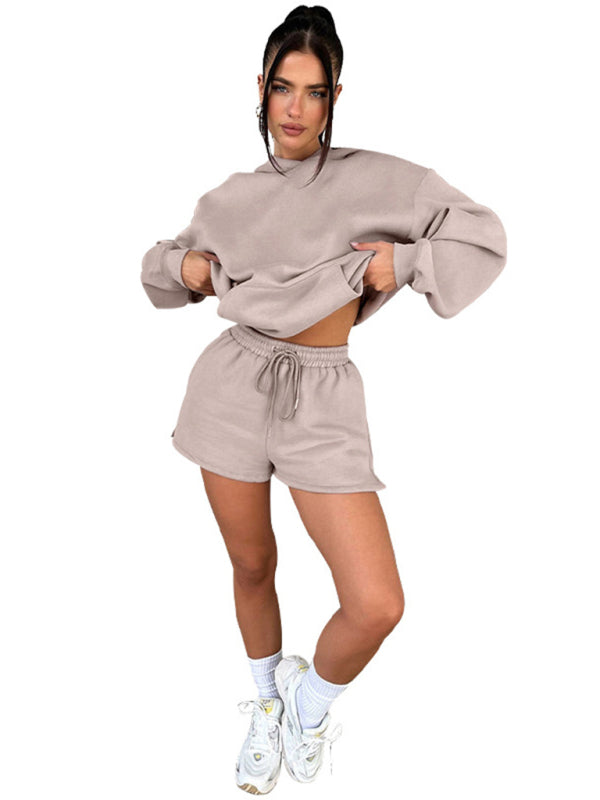 Women's loose solid color sweatshirt shorts set