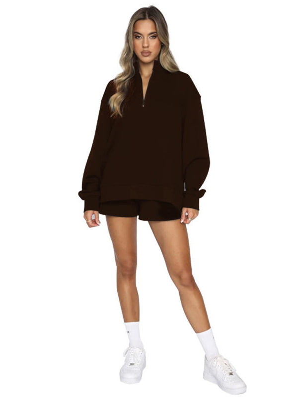 Women's Solid Color Pullover Long Sleeve Sweatshirt Shorts Set