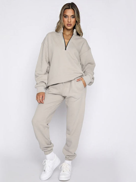 Women's solid color zipper pullover long-sleeved sweatshirt and trousers set
