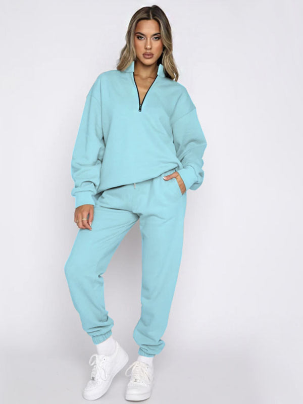 Women's solid color zipper pullover long-sleeved sweatshirt and trousers set