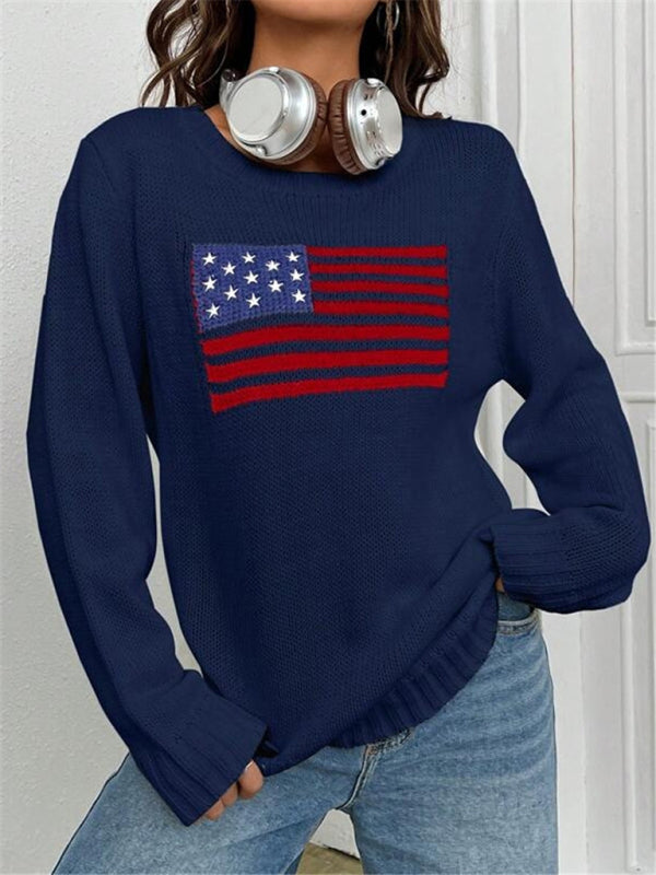 नया ढीला गोल गर्दन ध्वज पैटर्न सरल और बहुमुखी बुना हुआ स्वेटर