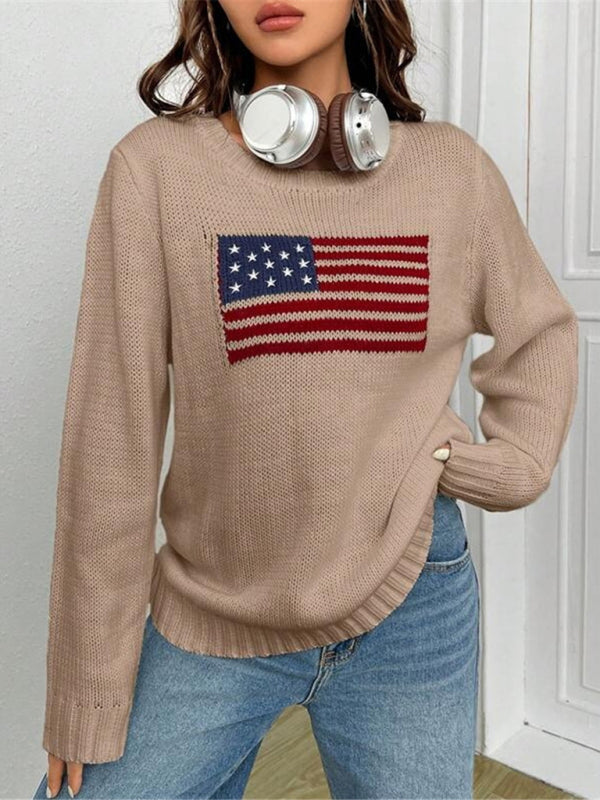 Loose round neck flag pattern simple and versatile knitted sweater