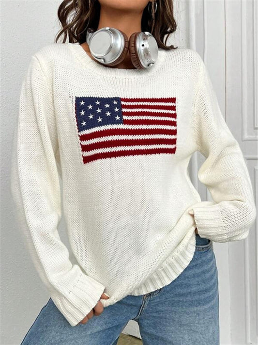 नया ढीला गोल गर्दन ध्वज पैटर्न सरल और बहुमुखी बुना हुआ स्वेटर