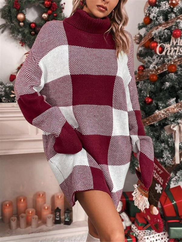 क्रिसमस टर्टलनेक ढीला स्लिमिंग प्लेड कंट्रास्ट स्वेटर ड्रेस