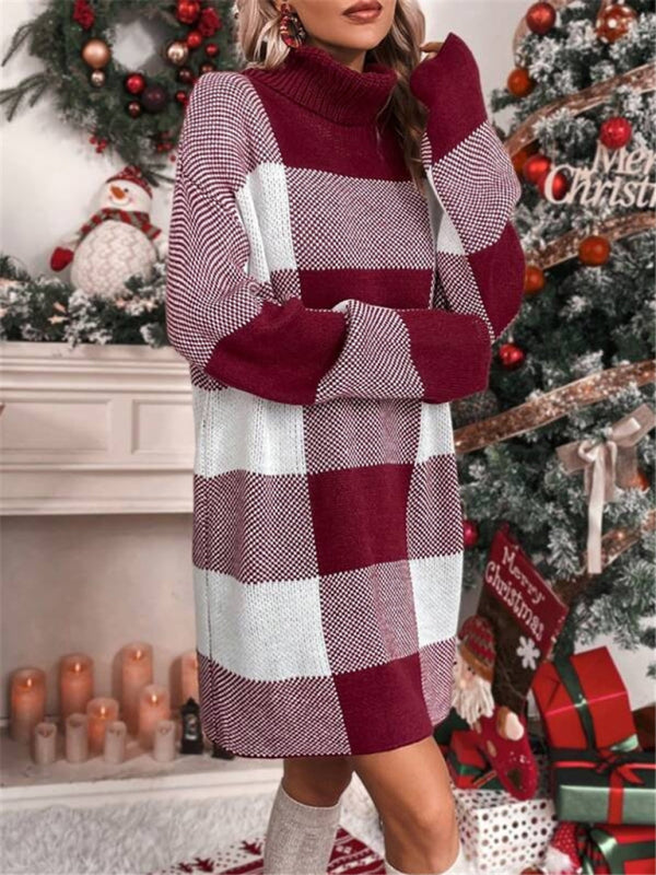 क्रिसमस टर्टलनेक ढीला स्लिमिंग प्लेड कंट्रास्ट स्वेटर ड्रेस