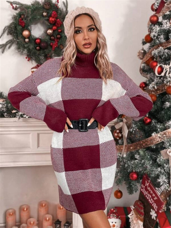 聖誕高領寬鬆修身格紋撞色毛衣連身裙