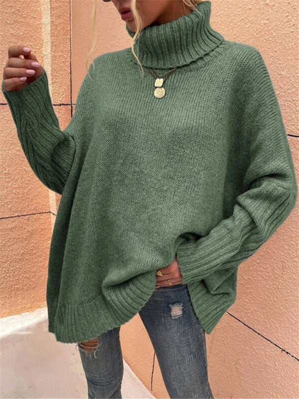 नया ढीला ठोस रंग टर्टलनेक बैट आस्तीन स्वेटर बुना हुआ स्वेटर