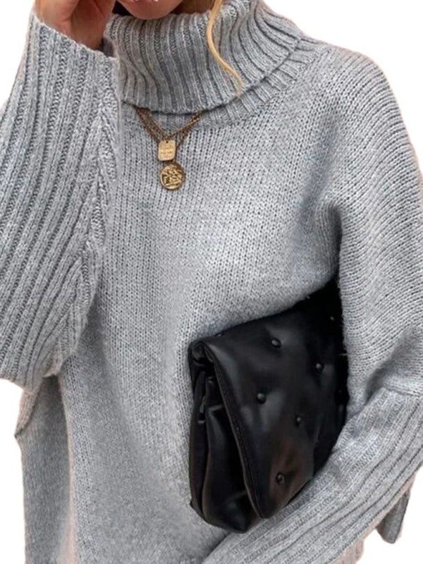 नया ढीला ठोस रंग टर्टलनेक बैट आस्तीन स्वेटर बुना हुआ स्वेटर