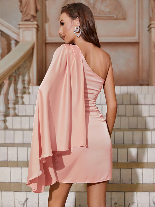 Women's Solid Color Sloped Shoulder Prom Evening Dress