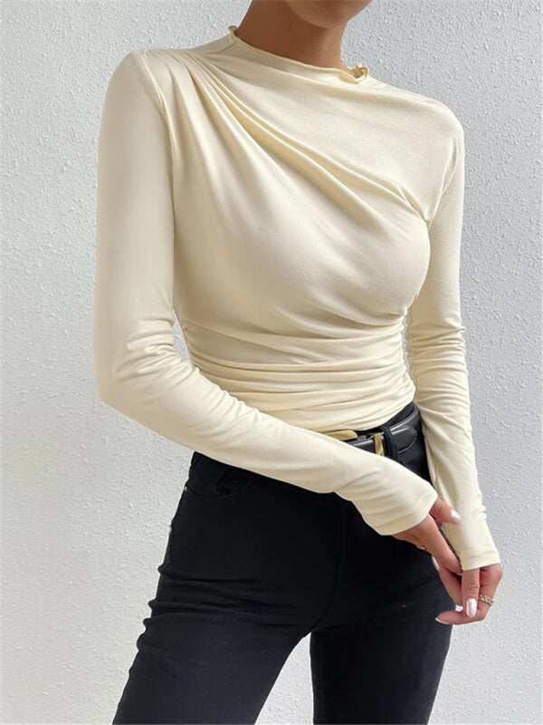 Solid color slim fit versatile ruffled design long-sleeved top
