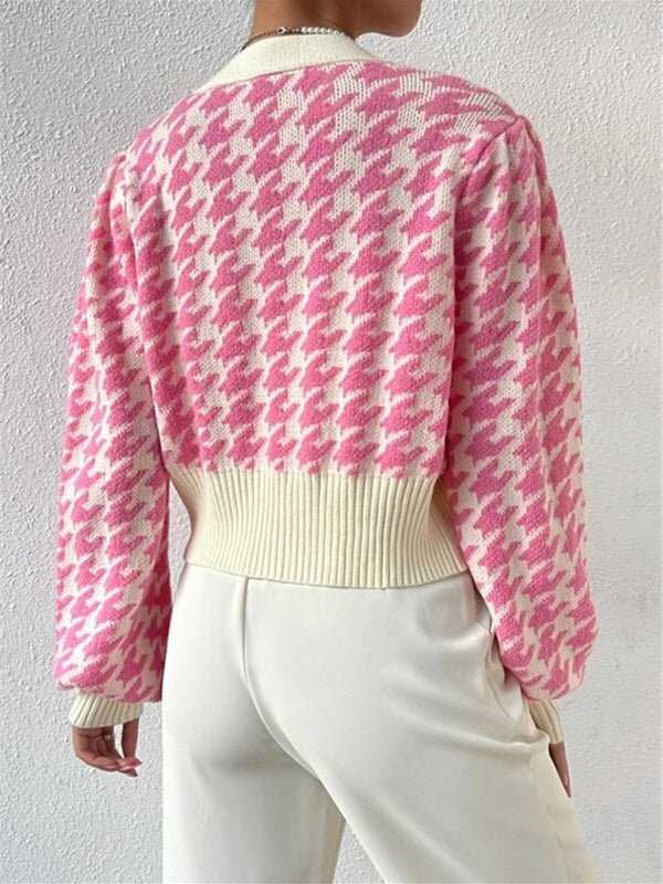 Houndstooth pattern lantern sleeve knitted cardigan