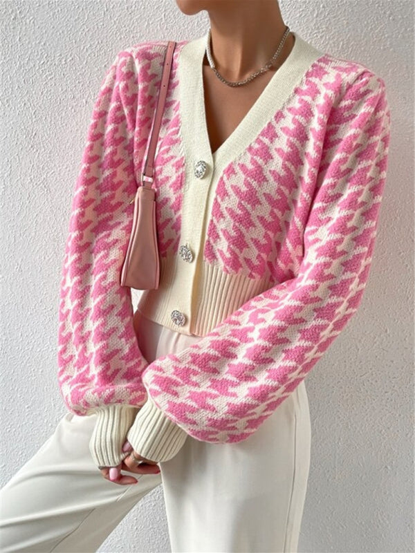 Houndstooth pattern lantern sleeve knitted cardigan