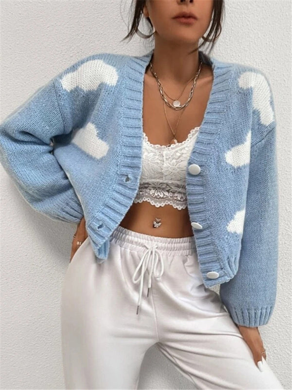 Loose V-neck cloud drop shoulder knitted cardigan