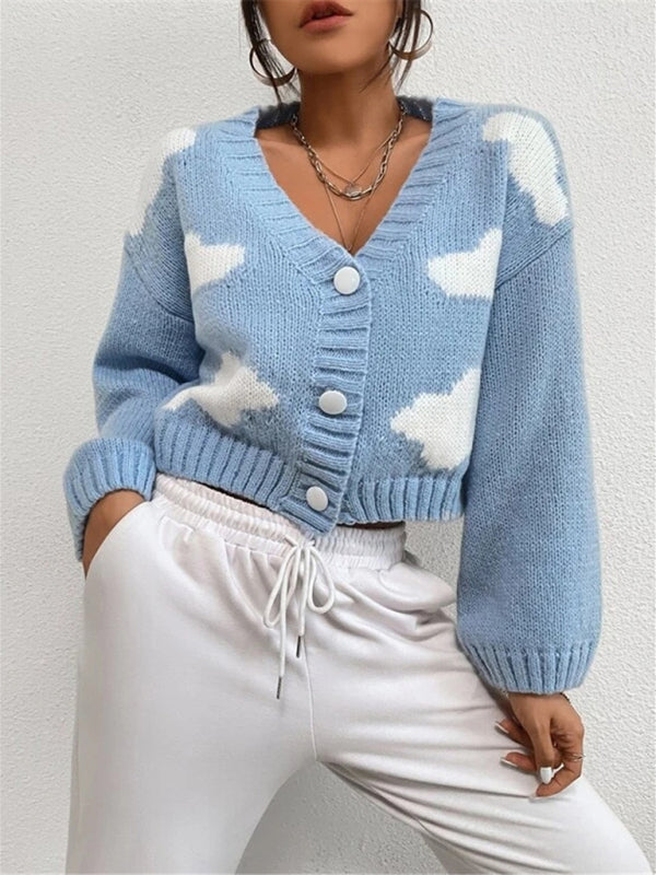 Loose V-neck cloud drop shoulder knitted cardigan
