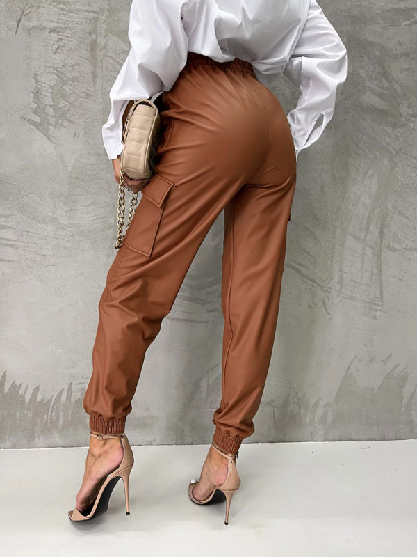 Women's Pocket PU Leather Straight Leg Elastic Waist Pants