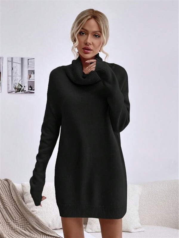 Women's solid color loose turtleneck knitted sweater dress