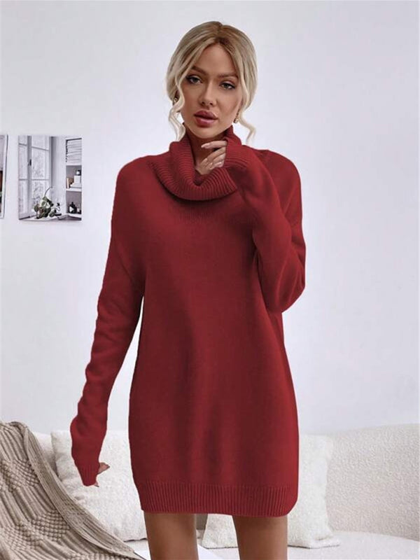 Women's solid color loose turtleneck knitted sweater dress