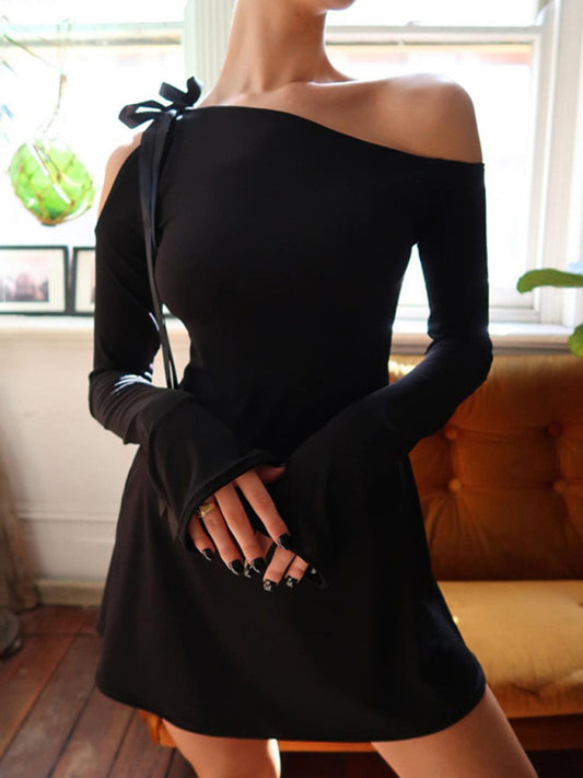 Women's slanted shoulder lace-up elegant long-sleeved short dress