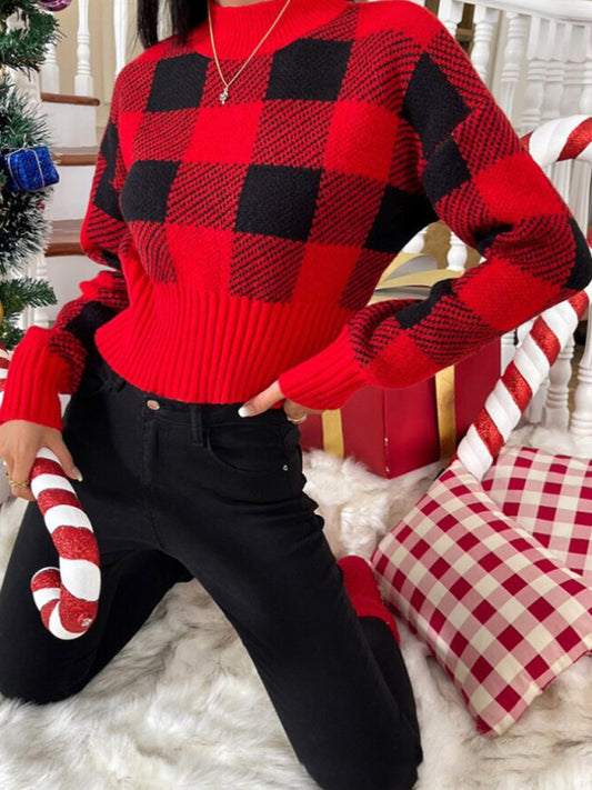 नया गोल गर्दन ढीला जेकक्वार्ड प्लेड नया साल और क्रिसमस बुना हुआ स्वेटर