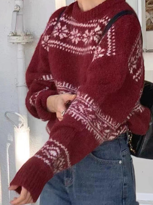 新款寬鬆加厚聖誕復古民族風圓領套頭毛衣