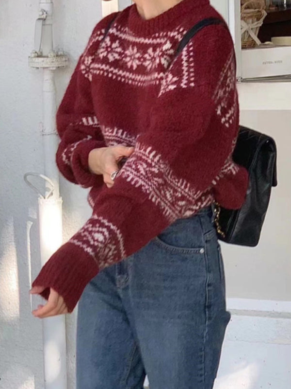 नया ढीला मोटा क्रिसमस रेट्रो जातीय शैली गोल गर्दन स्वेटर स्वेटर