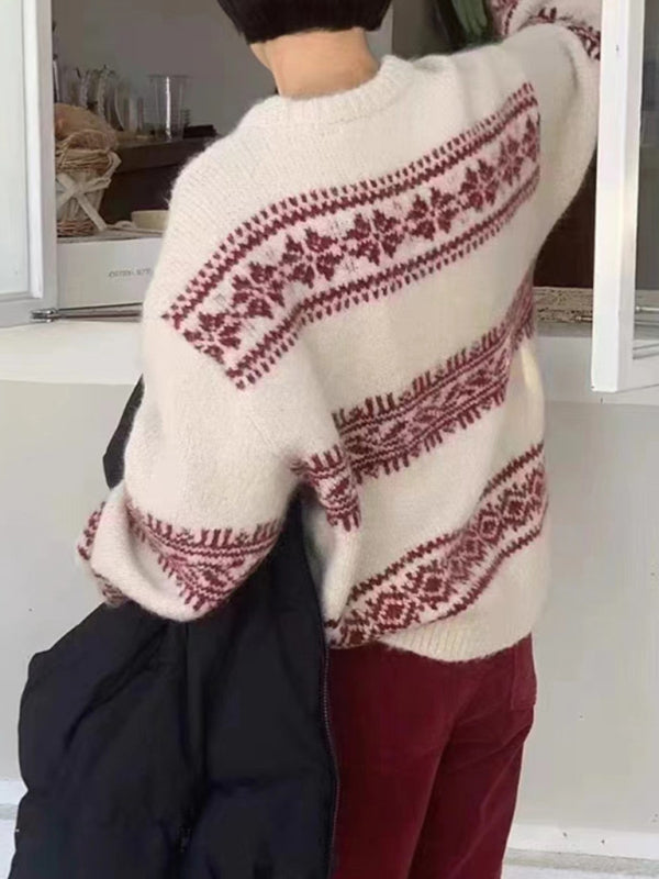新款寬鬆加厚聖誕復古民族風圓領套頭毛衣