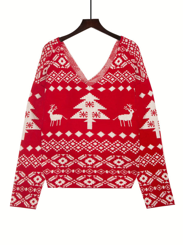 नई वी-गर्दन अनियमित बैकलेस ऑफ-शोल्डर क्रिसमस स्नोफ्लेक पैटर्न लंबी आस्तीन वाली महिलाओं का स्वेटर