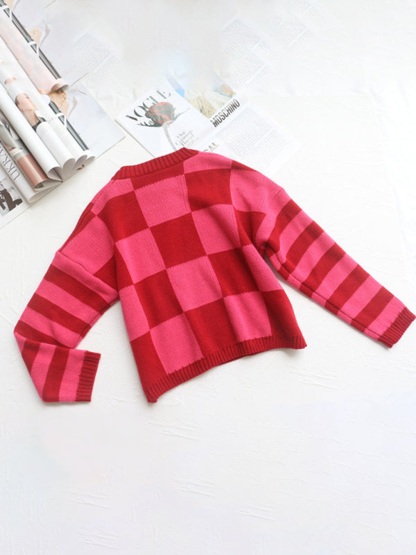 नया ढीला रेट्रो आकर्षक गुलाबी लाल चेकरबोर्ड लंबी आस्तीन वाला बुना हुआ स्वेटर पसंद है